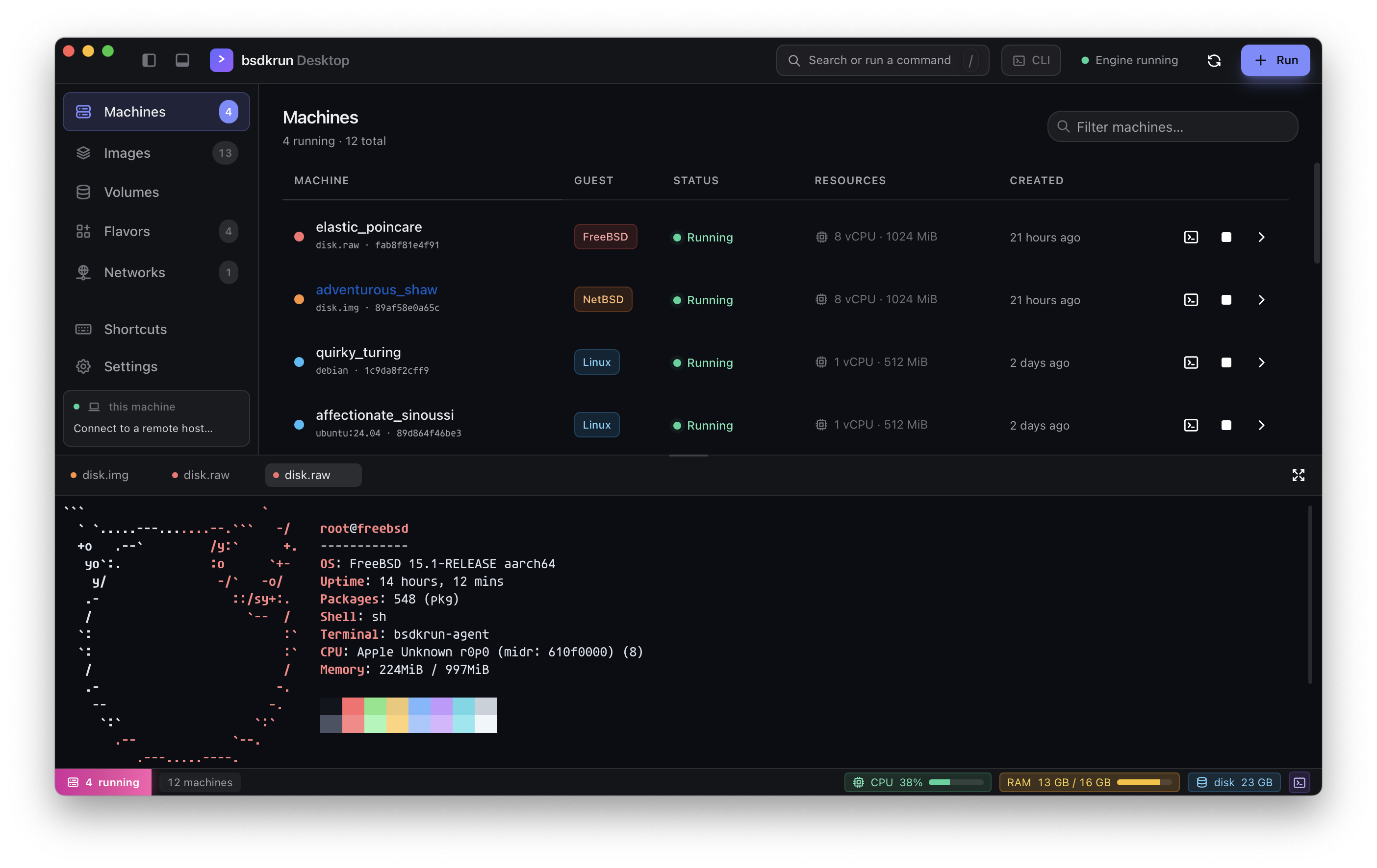 bsdkrun Desktop — machines list with a tabbed terminal panel