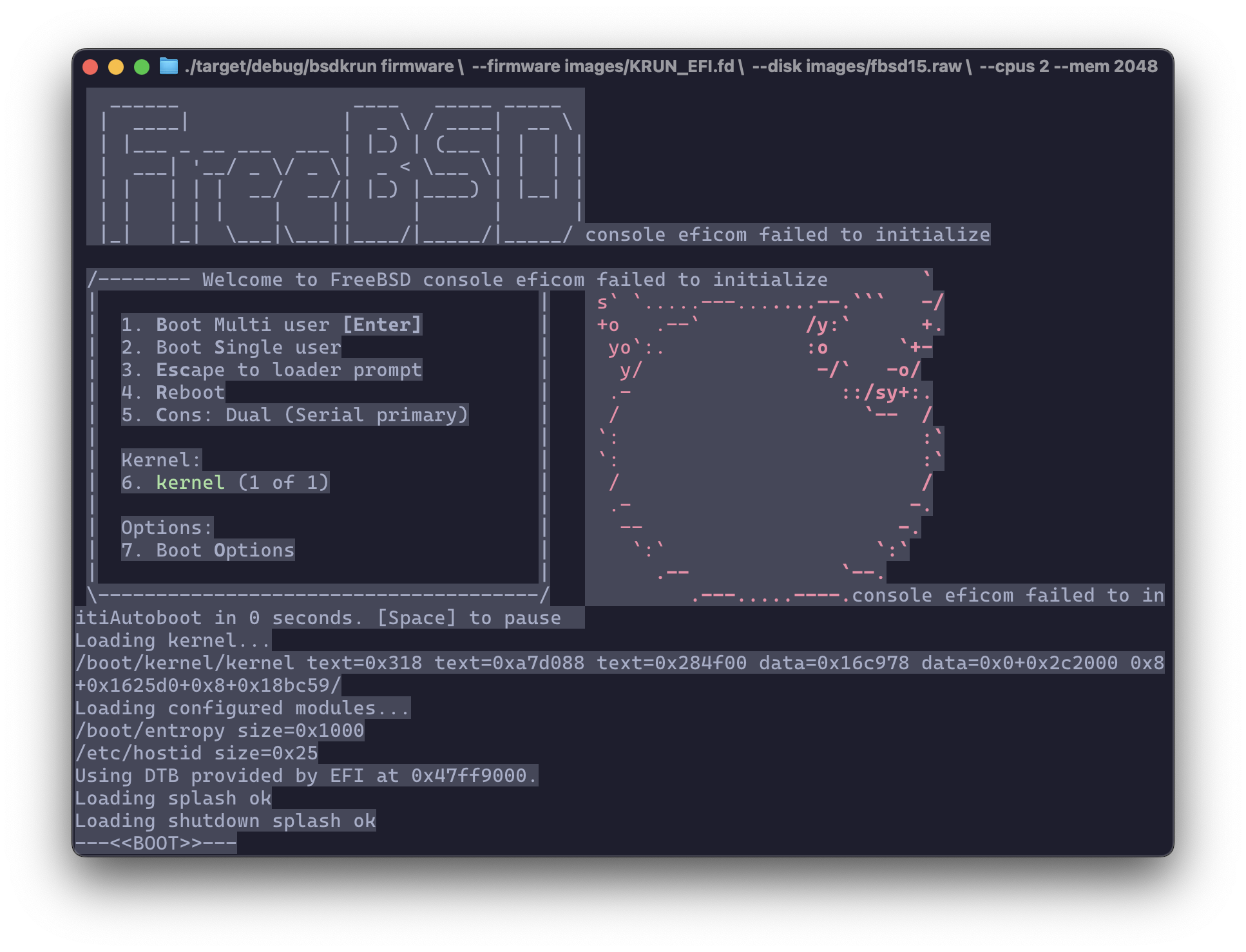 FreeBSD 15 arm64 booting under bsdkrun on macOS