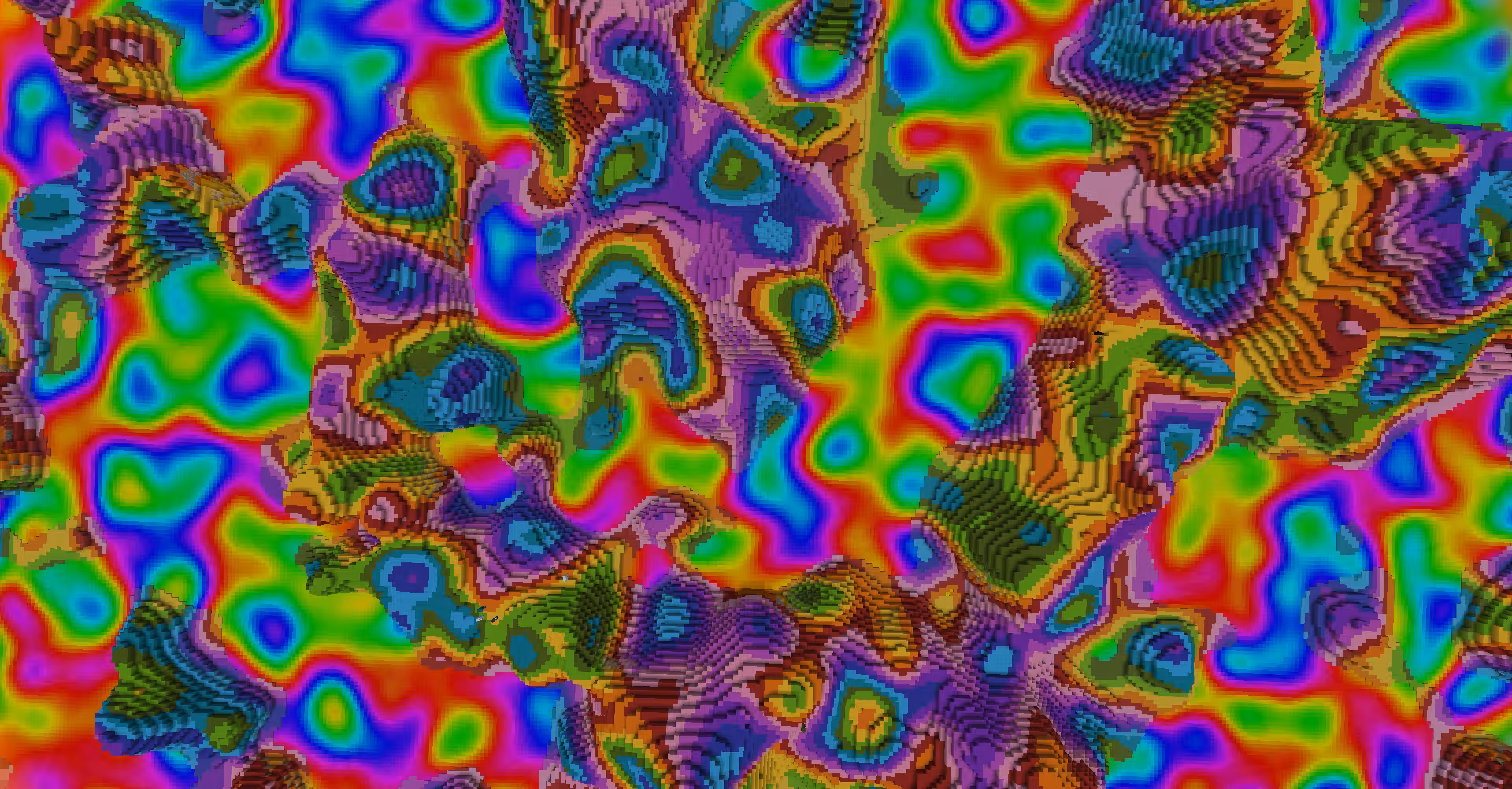 An aerial view of a dimension composed of brightly colored wool and concrete, as well as lakes of a vibrant colored iridescent fluid.