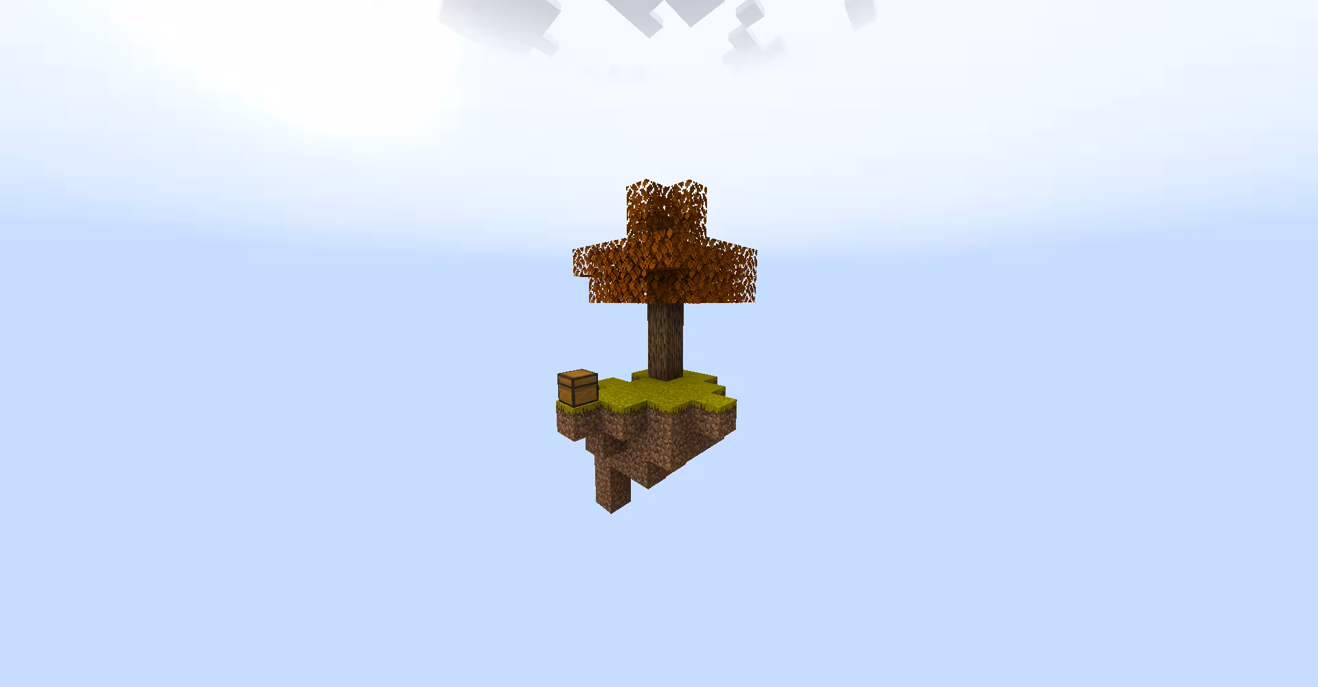 A skyblock dimension with a single Oak Tree and a chest.