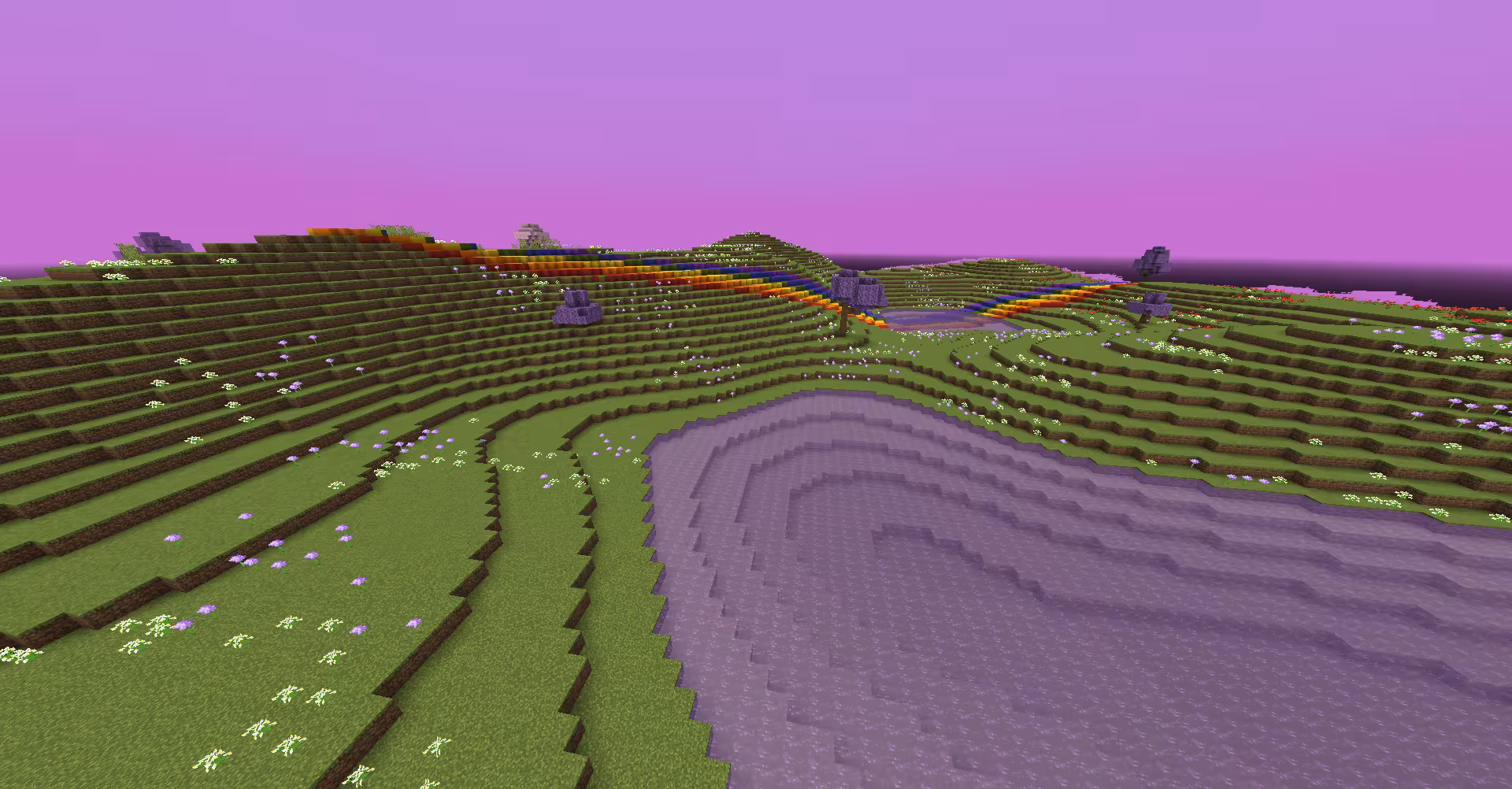 A vibrant paradise dimension with a colourful rainbow stripe. The water of a lake is dyed pink.