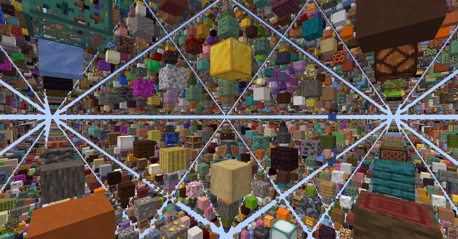 A void dimension with random blocks arranged in a three dimensional grid pattern.