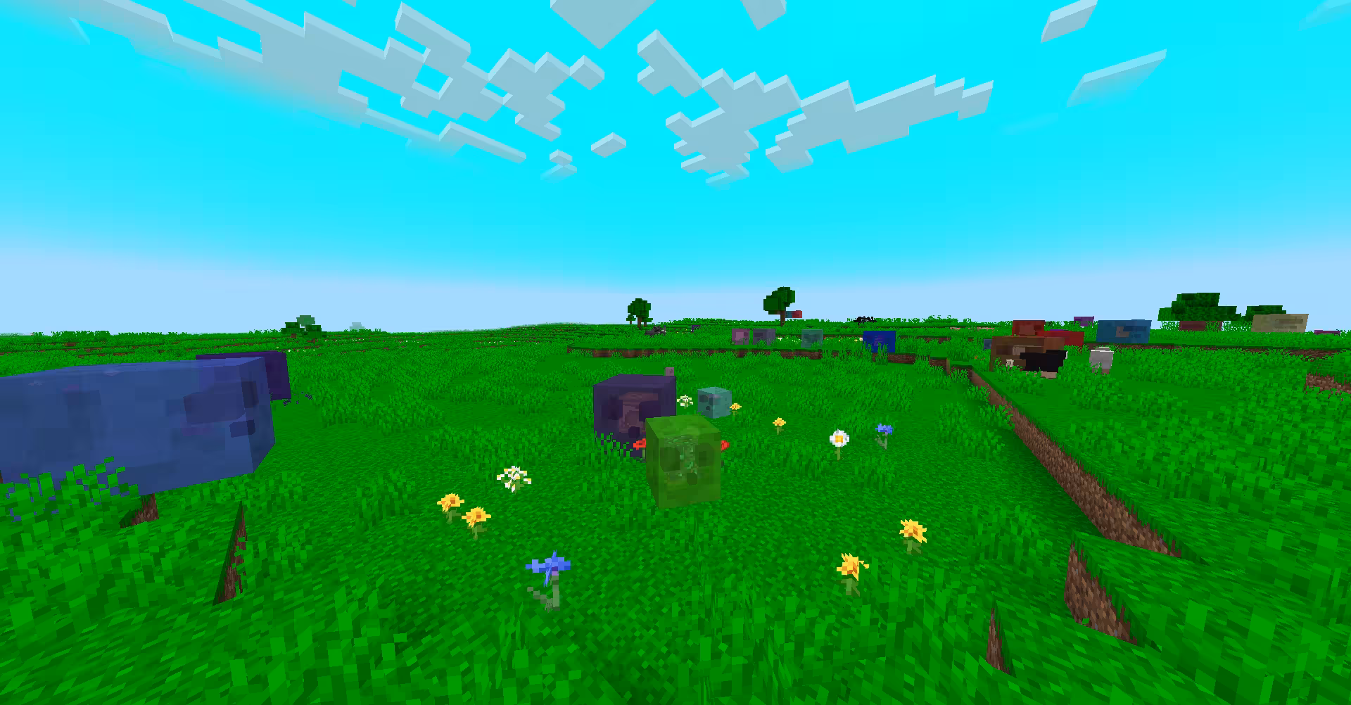 A dimension with bright green grass and Slimes with a variety of tints.